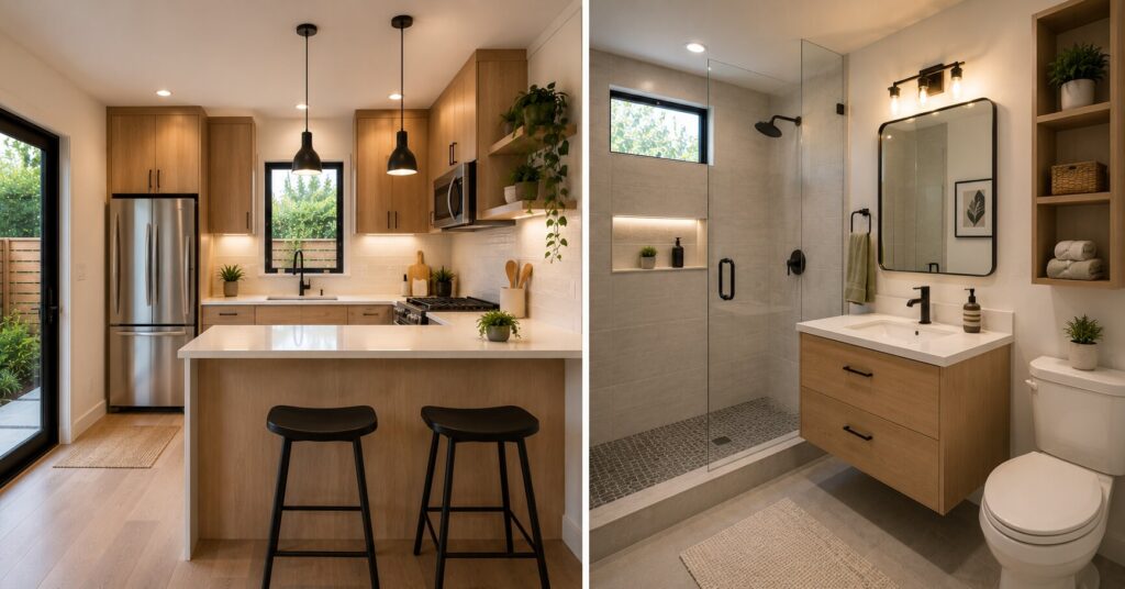 Space-efficient-ADU-kitchen-and-modern-bathroom-in-a-Los-Angeles-accessory-dwelling-unit